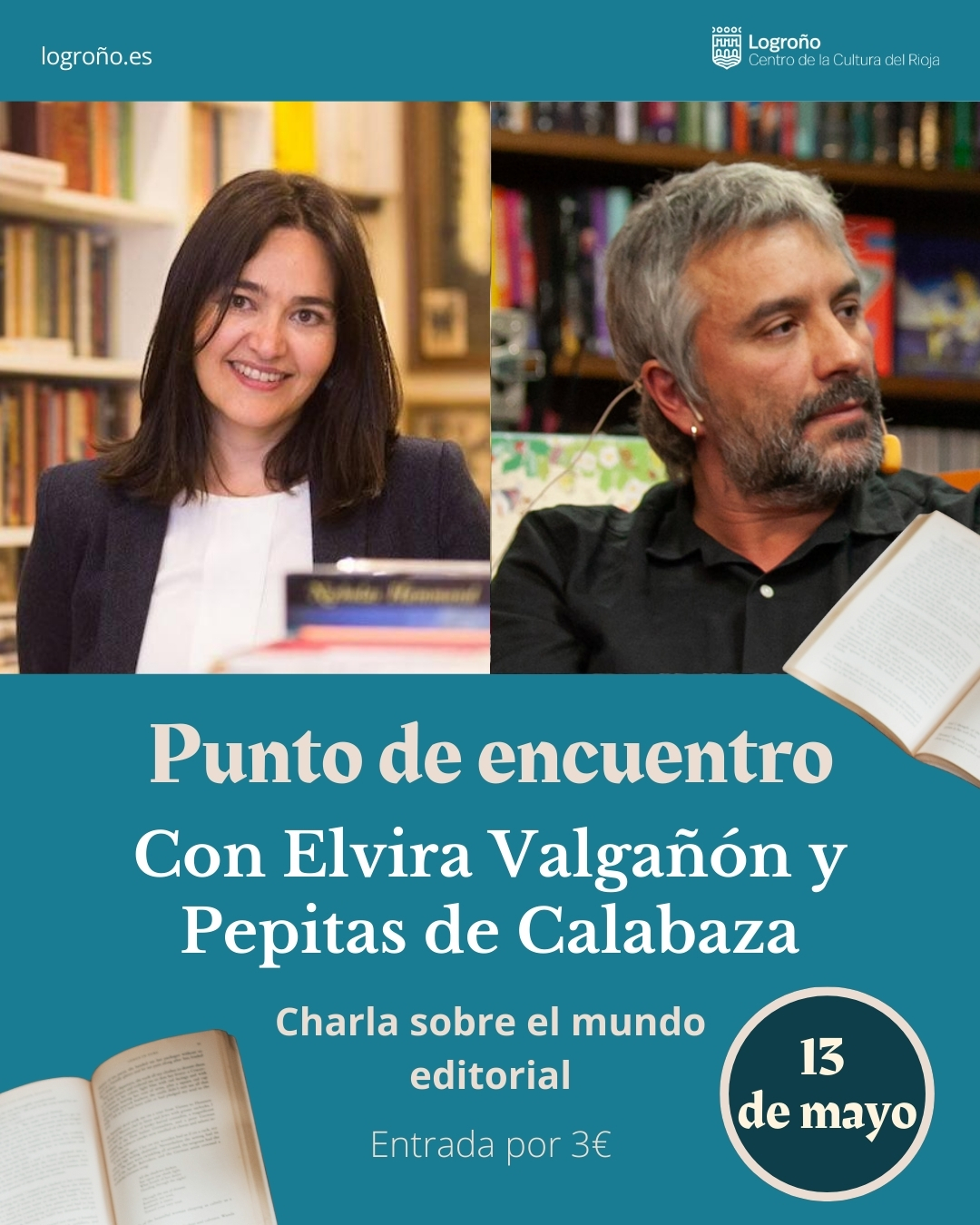 Cartel anunciador ciclo Punto de Encuentro con Elvira Valgañon y Julián Lacalle de la editorial Pepitas de Calabaza