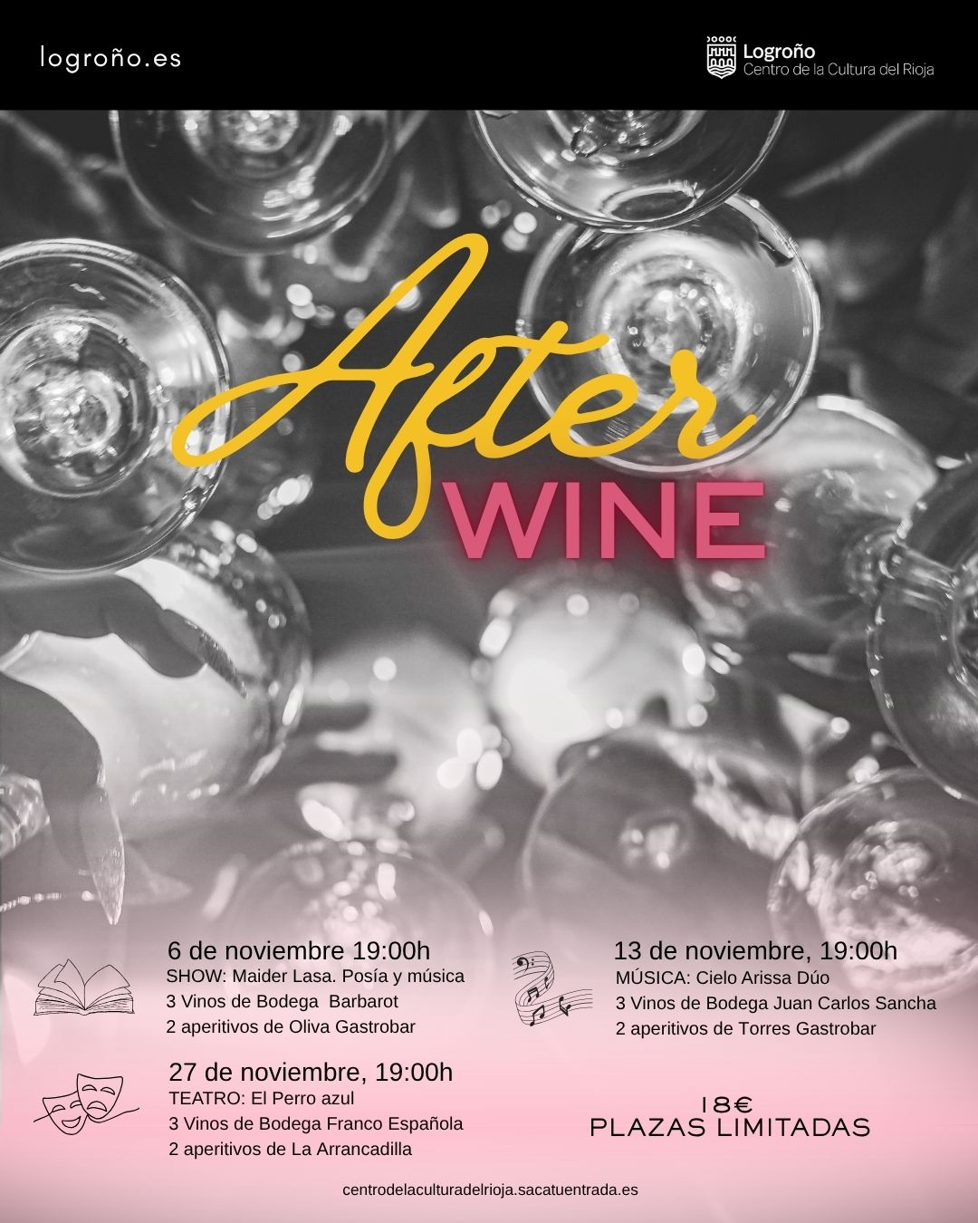 Cartel anunciador After Wine, vino, arte y gastronomia en el Centro de Cultura del Rioja los días 6, 13 y 27 de noviembre