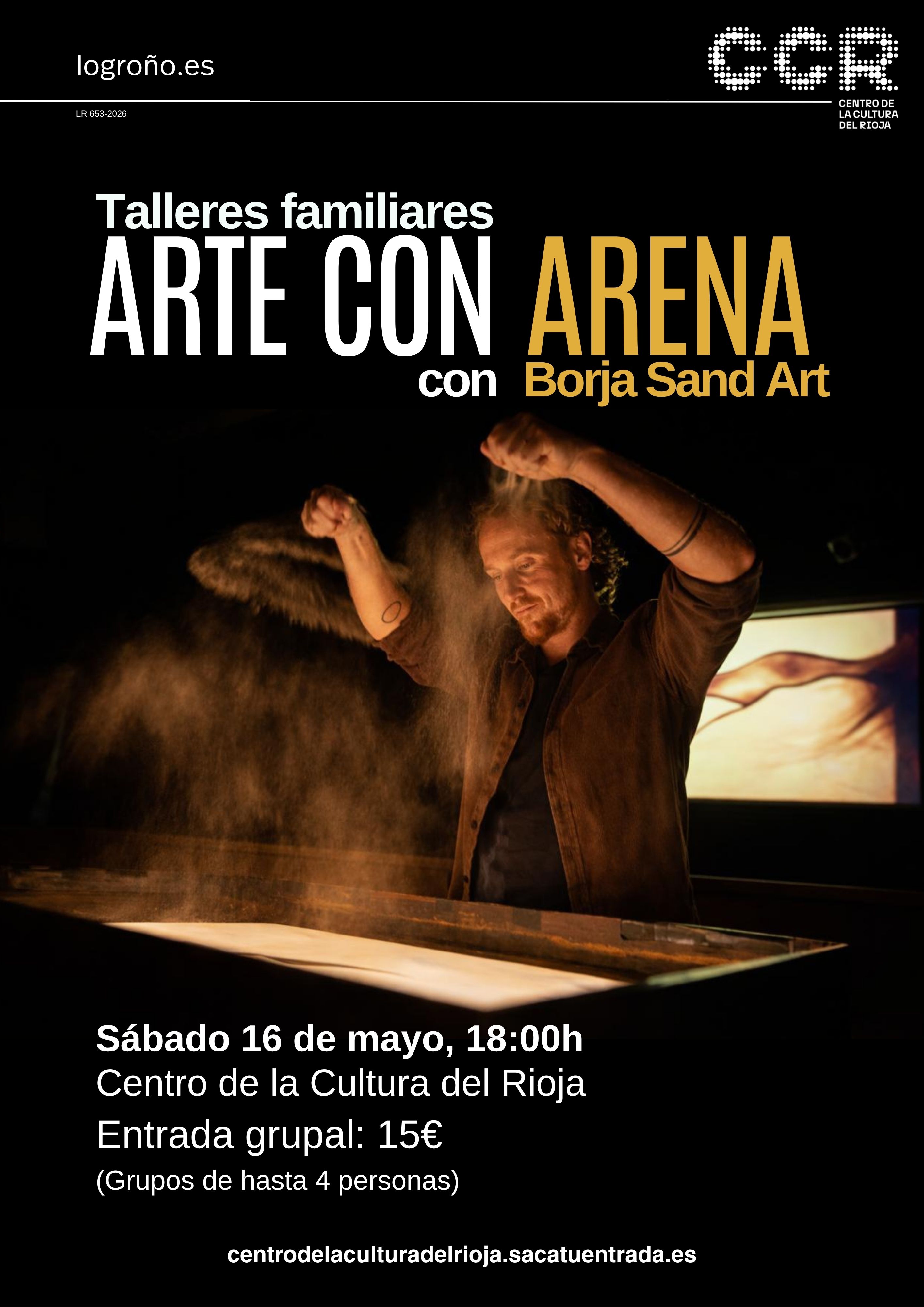 Cartel anunciador Talleres familiares Arte con Arena días 16 de mayo y 4 de julio de 2026 en el CCR 