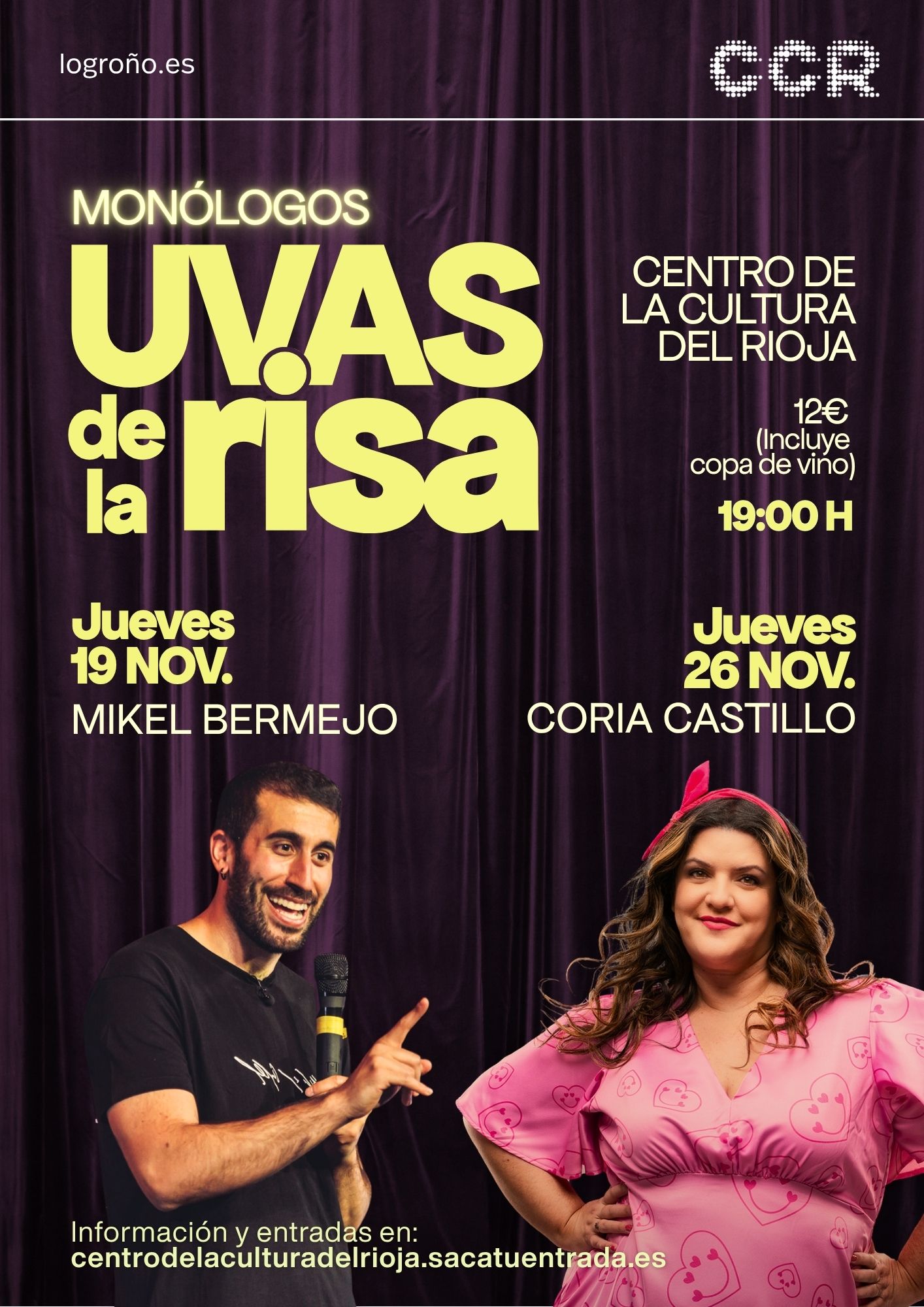 Cartel anunciador espectáculo en el CCR Uvas de la Risa con Mikel Bermejo y Coria Castillo